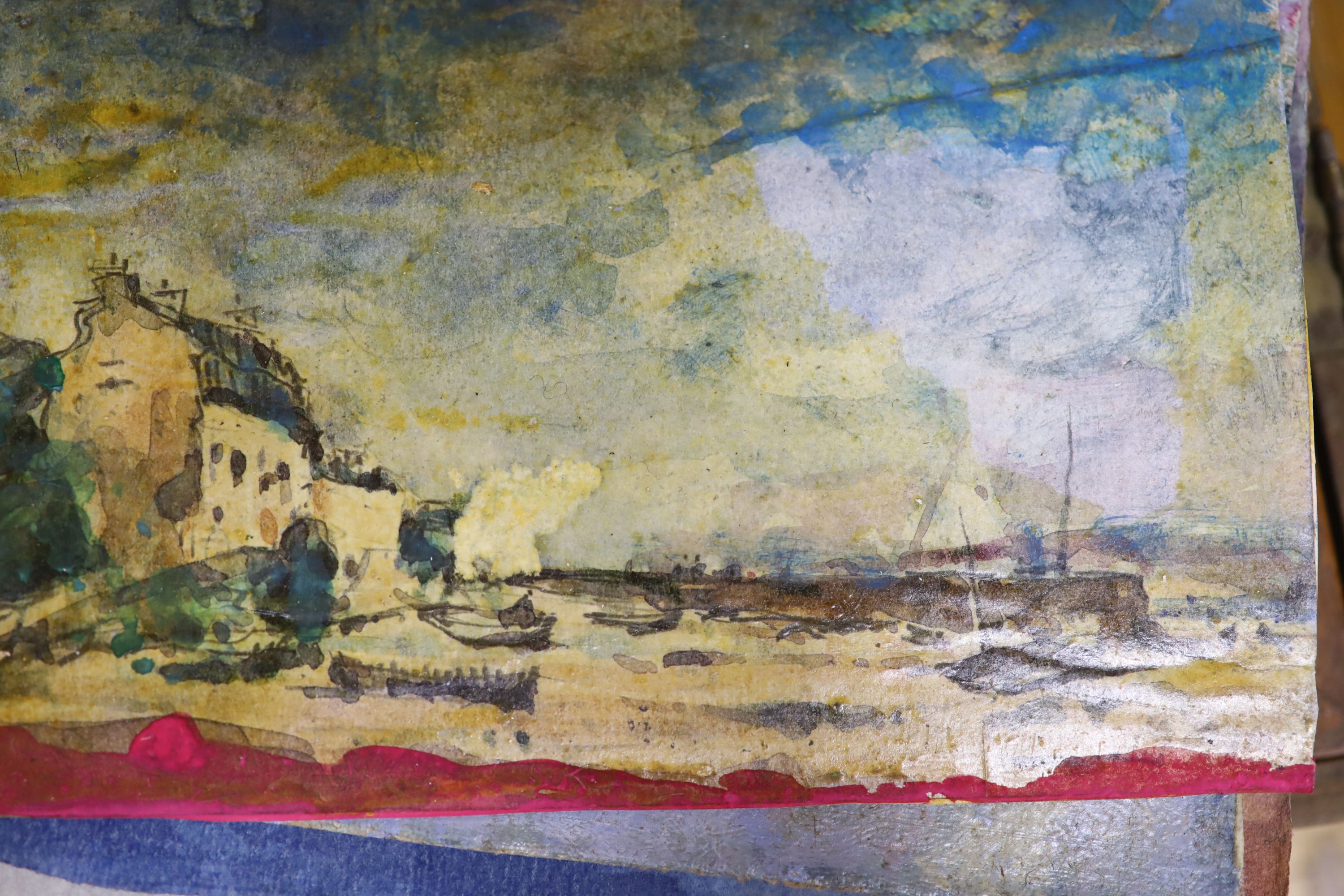 A 20th century oak cased artists’ box (A/F) together with eleven various oil studies on board, many signed and a collection of unframed French impressionist style studies (quantity)